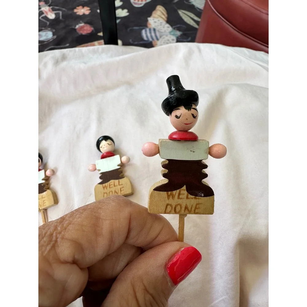 Vintage Wooden Meat Markers Set of 10 Rare Medium Well Done Hand Painted Figures